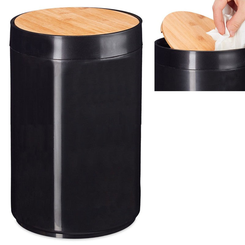 Kosmetikeimer MÜLLEIMER Kücheneimer Abfalleimer mit Bambus-Schwingdeckel 5,5 Liter SCHWARZ