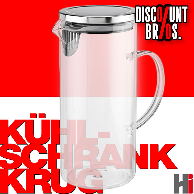 1,3 Liter KÜHLSCHRANK KRUG mit DECKEL Glaskaraffe Glas + Edelstahl