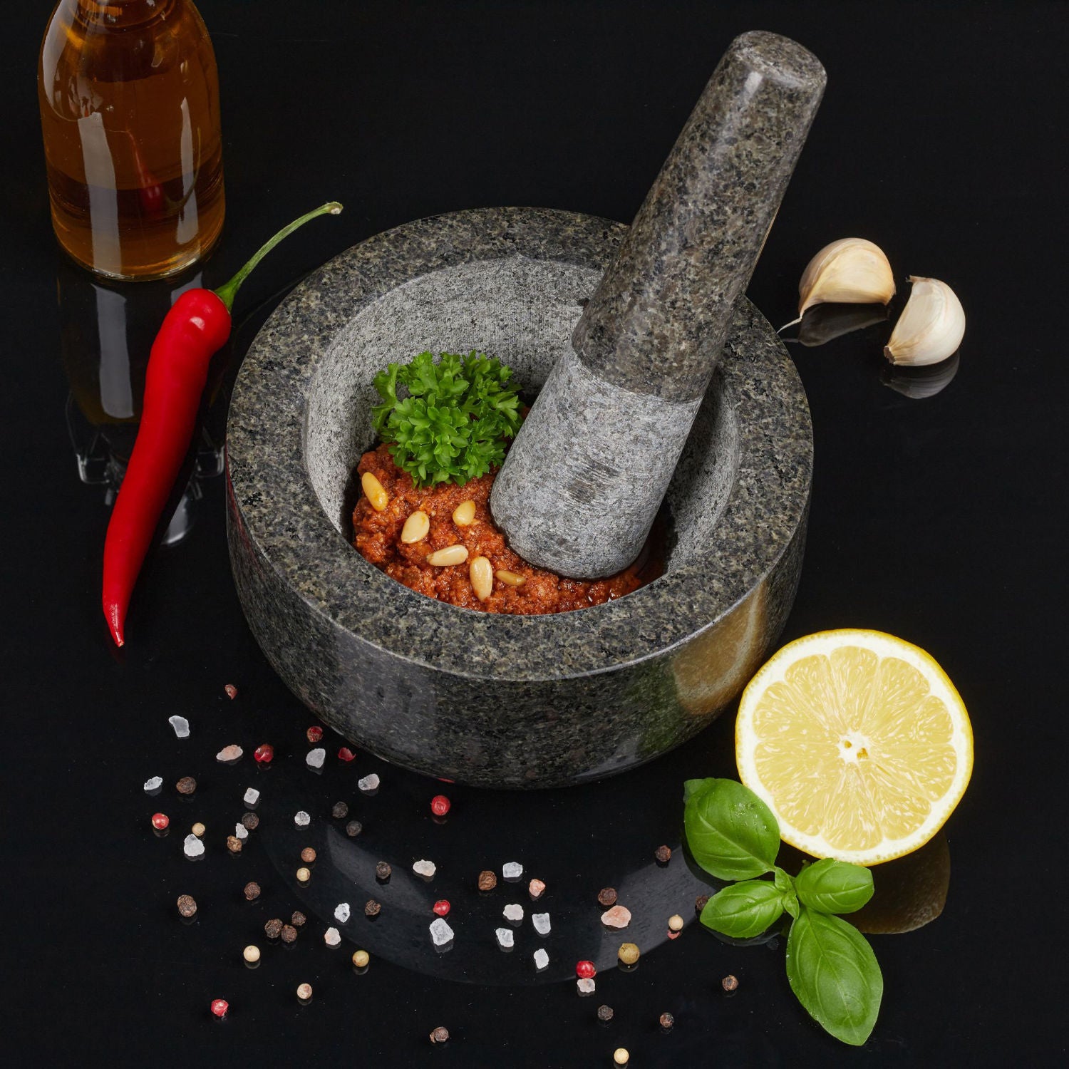 XL Mörser mit Stössel aus Schwarzem Granit Stein Ø16 cm