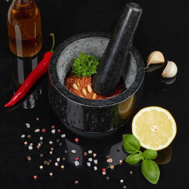 Rutschfester MÖRSER mit Stössel aus Granit Stein SCHWARZ Ø14cm L