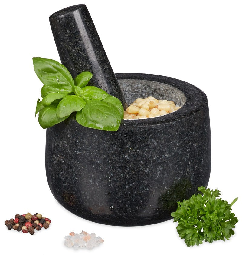 Granit MÖRSER mit Stössel aus schwarzem Stein Ø12cm