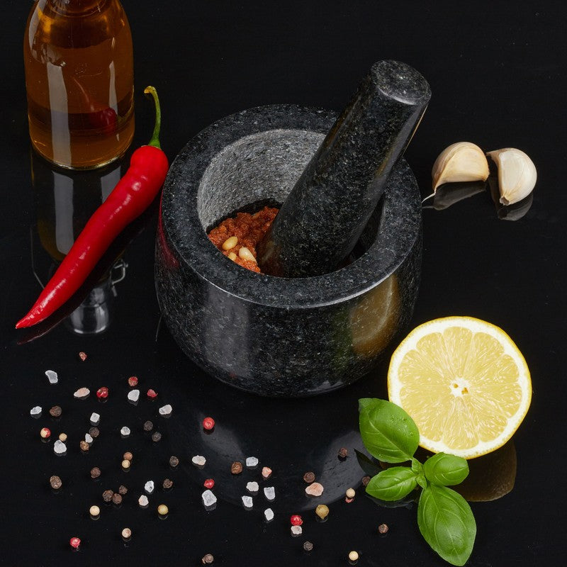 Granit MÖRSER mit Stössel aus schwarzem Stein Ø12cm