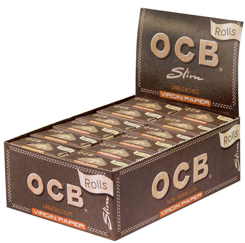 24 × Superdünne, ungebleichte OCB VIRGIN Slim Rolls Unbleached Papers Zigarettenpapier 4m×44mm