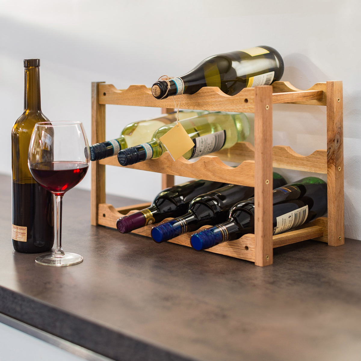 Relaxdays Walnuss-Weinregal mit liegenden Weinflaschen