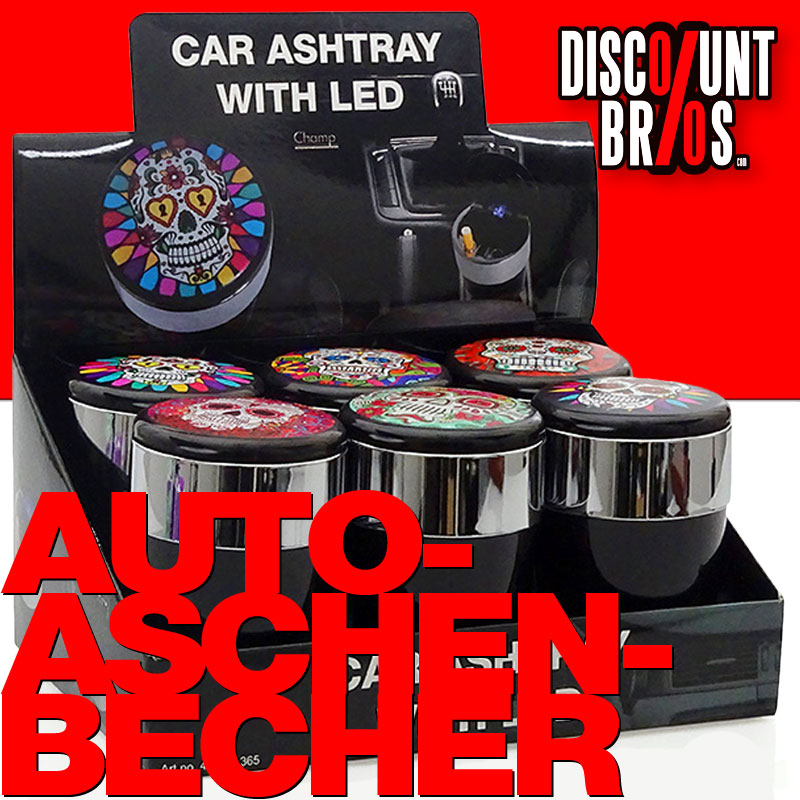 Champ SKULL AUTO-ASCHENBECHER Aschenbecher für Getränkehalter mit Deckel und LED Licht im Totenkopf Design