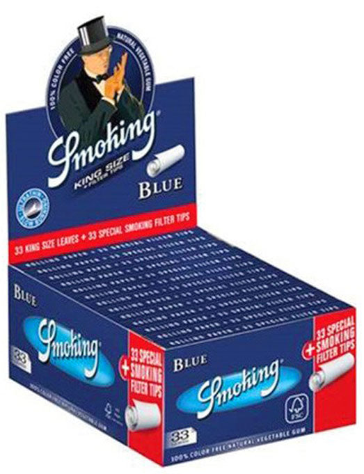 24er Verkaufsdisplay SMOKING BLUE King Size Papers Blau 33 Blatt Zigarettenpapier + Filter Tips