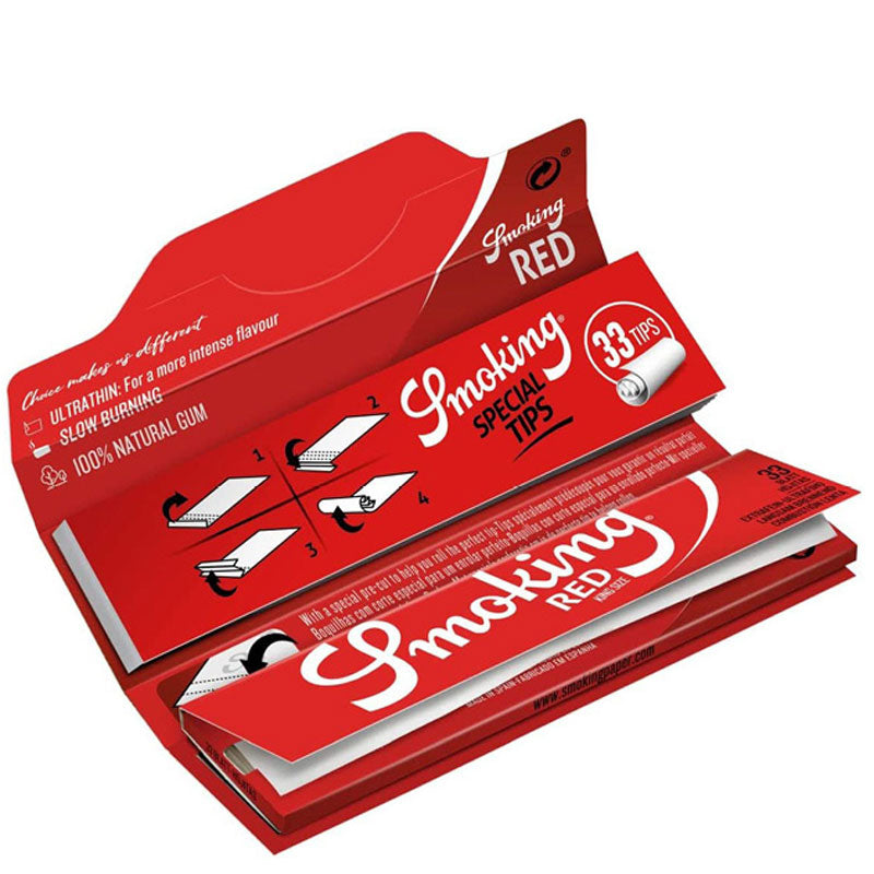 SMOKING RED King Size Papers 33 Blatt Zigarettenpapier + Filter Tips 108×53mm