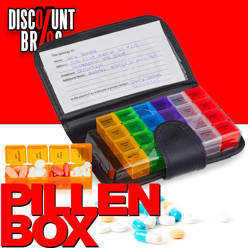 Tablettenbox PILLENBOX MIT ETUI Pillendose Wochenbox 7 Tage 4 Fächer – Medikamentenorganizer für eine Woche ENGLISH