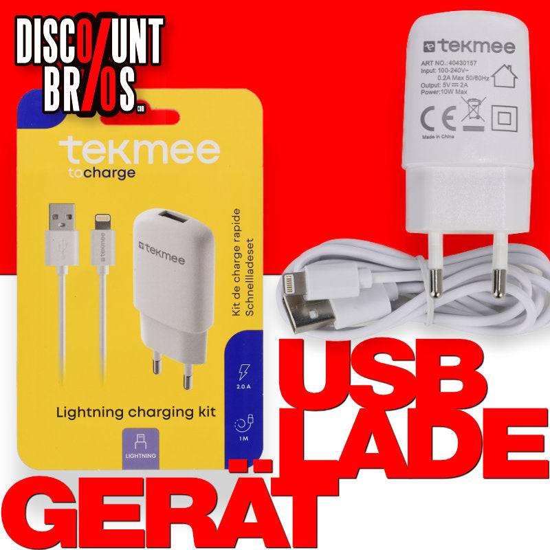 Tekmee USB SCHNELL-LADEGERÄT Netzteil Netzadapter 2A mit iPhone Lightning Kabel in WEISS