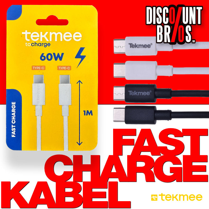Tekmee USB C auf USB C Ladekabel 1 m, 60W, 3A, schwarz oder weiss