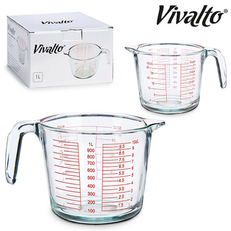 Messbecher LITERMASS Messkrug aus Glas mit Skalen in dl, OZ und Tassen 1L