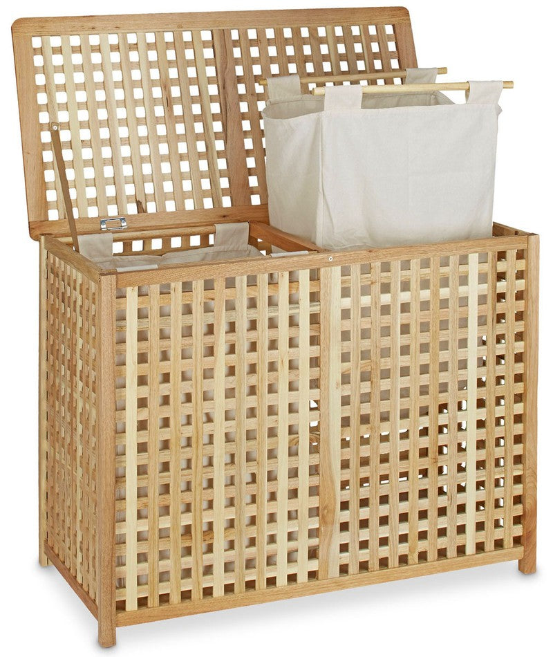 LUXUS Wäschetruhe Wäschebox DOPPEL WÄSCHEKORB Wäschesammler Duo Walnuss