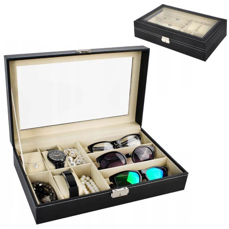 Edle BRILLEN UND UHRENBOX Brillenbox Uhrenkoffer Schaukasten für 6 Uhren + 3 Brillen