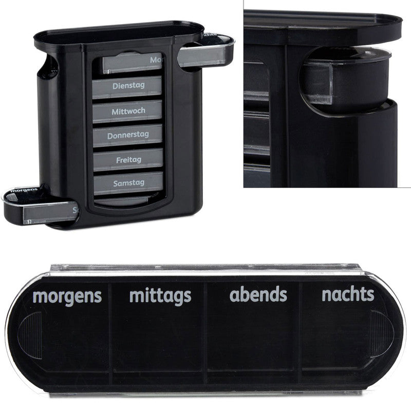 Tablettenbox PILLENBOX Pillendose 7 Tage 4 Fächer – Medikamentenorganizer für eine Woche SCHWARZ